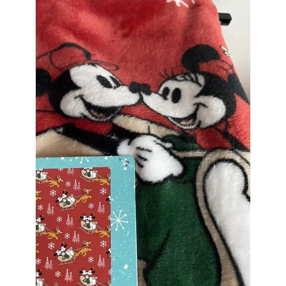 Disney Mickey Minnie & Pluto Reindeer Sleigh Christmas Throw Blanket‎ 50 X 70”